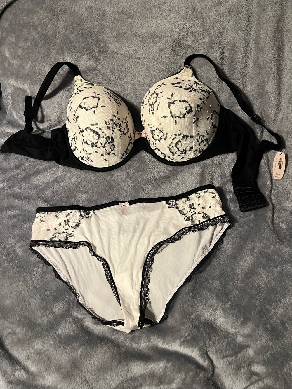 Victoria's Secret Black & Cream Floral Lace Bra and Brief Set